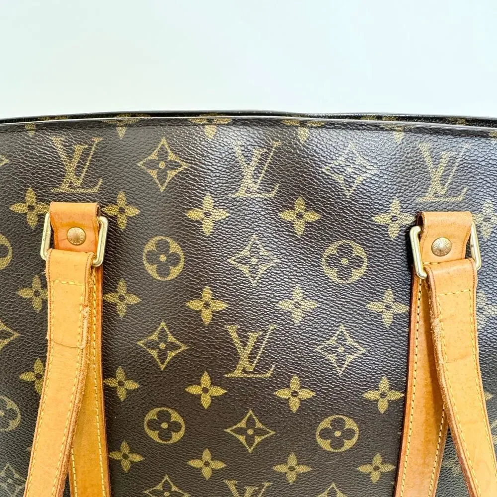 Louis Vuitton Brown Monogram Leather Trim Babylone Tote Bag LV Tan Shoulder Bag